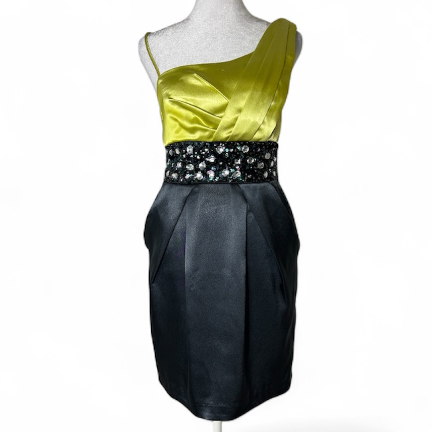 Teeze Me Lime & Charcoal One-Shoulder Embellished Cocktail Dress
